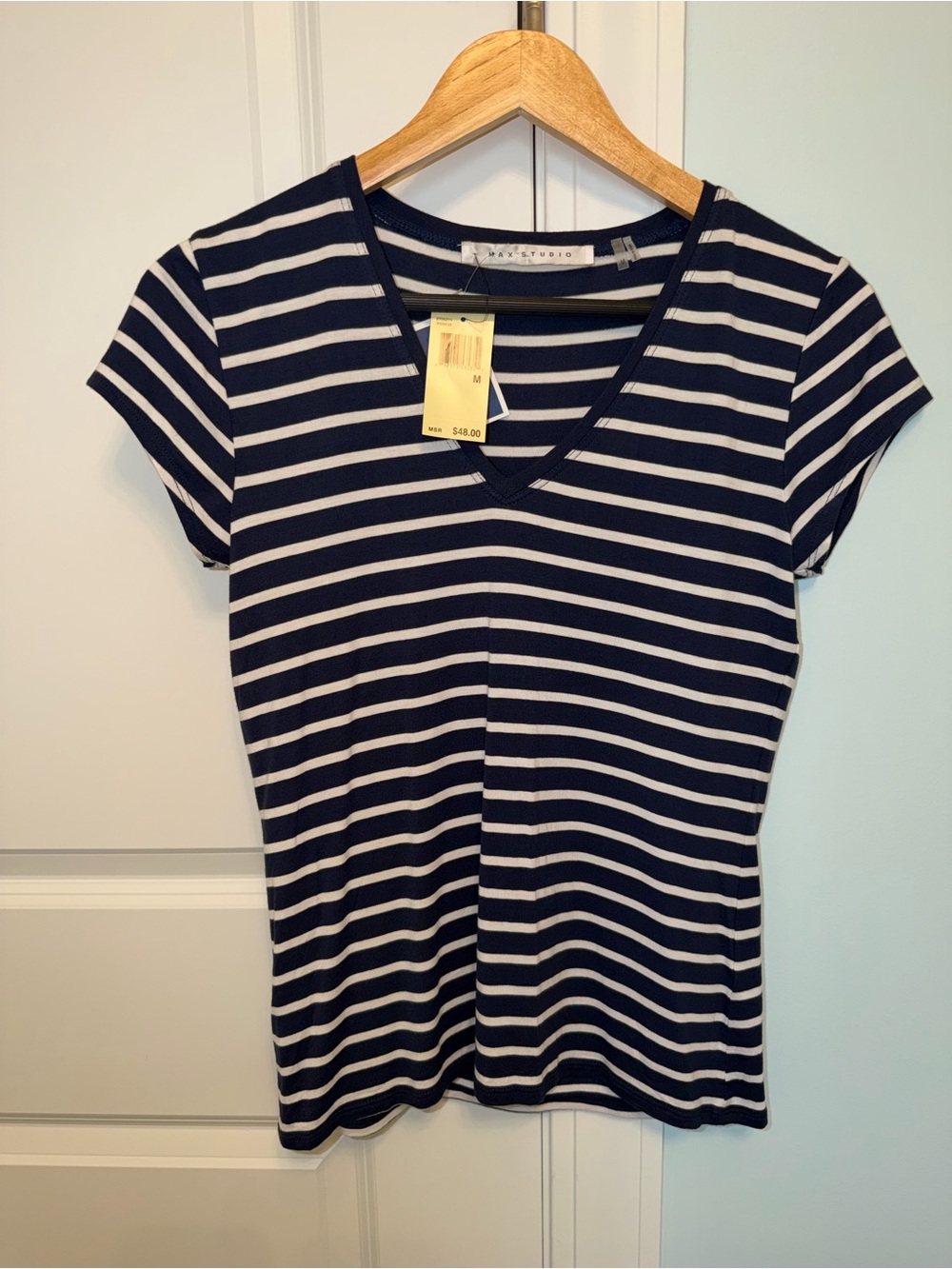 Max Studio Striped V-Neck Tee - Navy & White